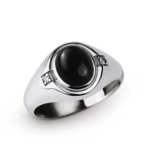 10k White Gold Ring for Men Natural Diamonds and Genuine Black Oval Onyx