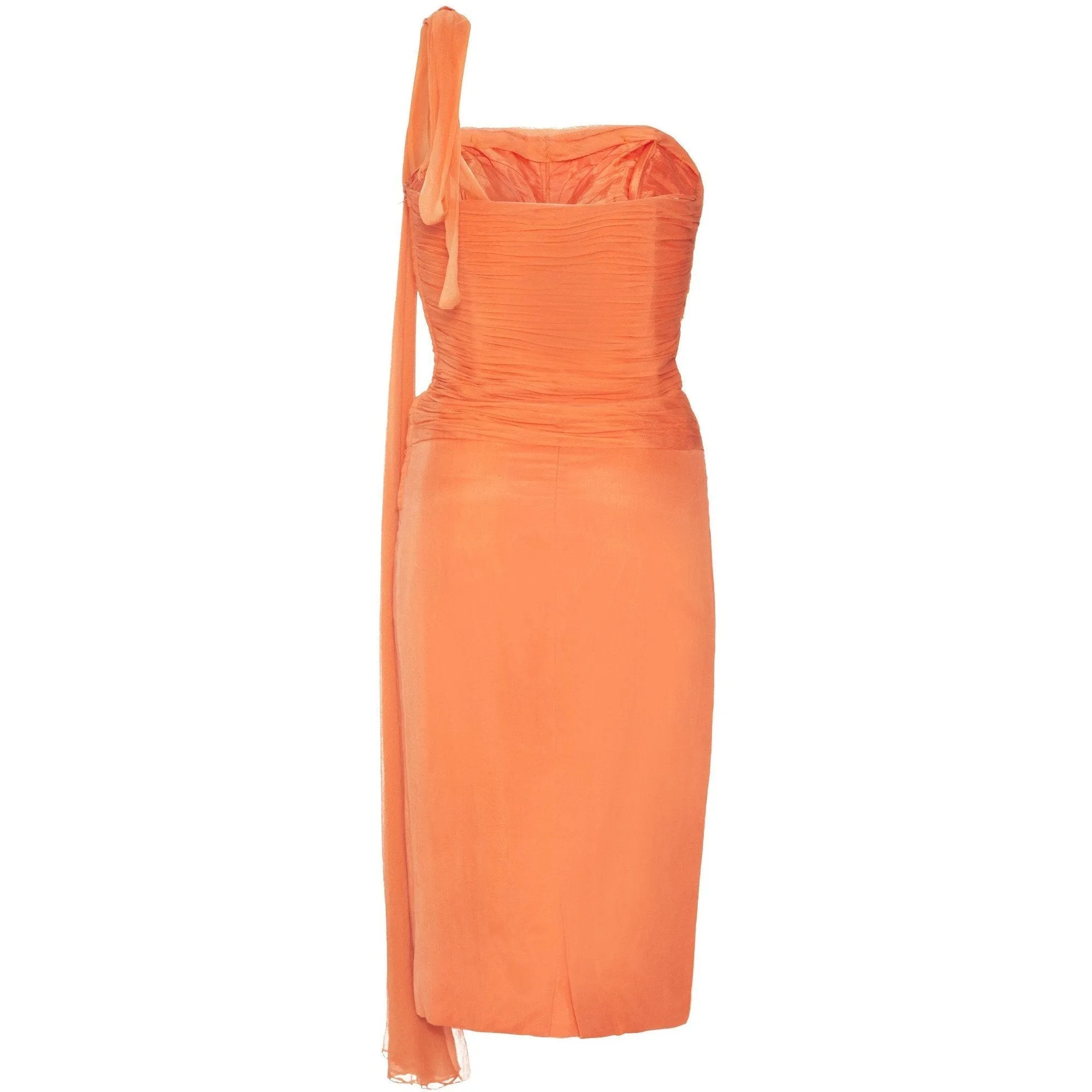 1950s-60s Harrods Orange Silk Georgette Dress With Asymmetrical Strap