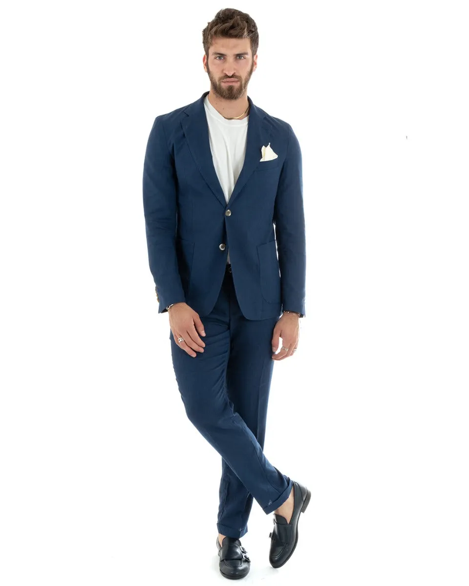 Abito Uomo Monopetto Vestito Lino Completo Giacca Pantaloni Blu Sportivo Elegante Cerimonia GIOSAL-OU2300A