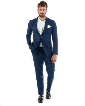 Abito Uomo Monopetto Vestito Lino Completo Giacca Pantaloni Blu Sportivo Elegante Cerimonia GIOSAL-OU2300A