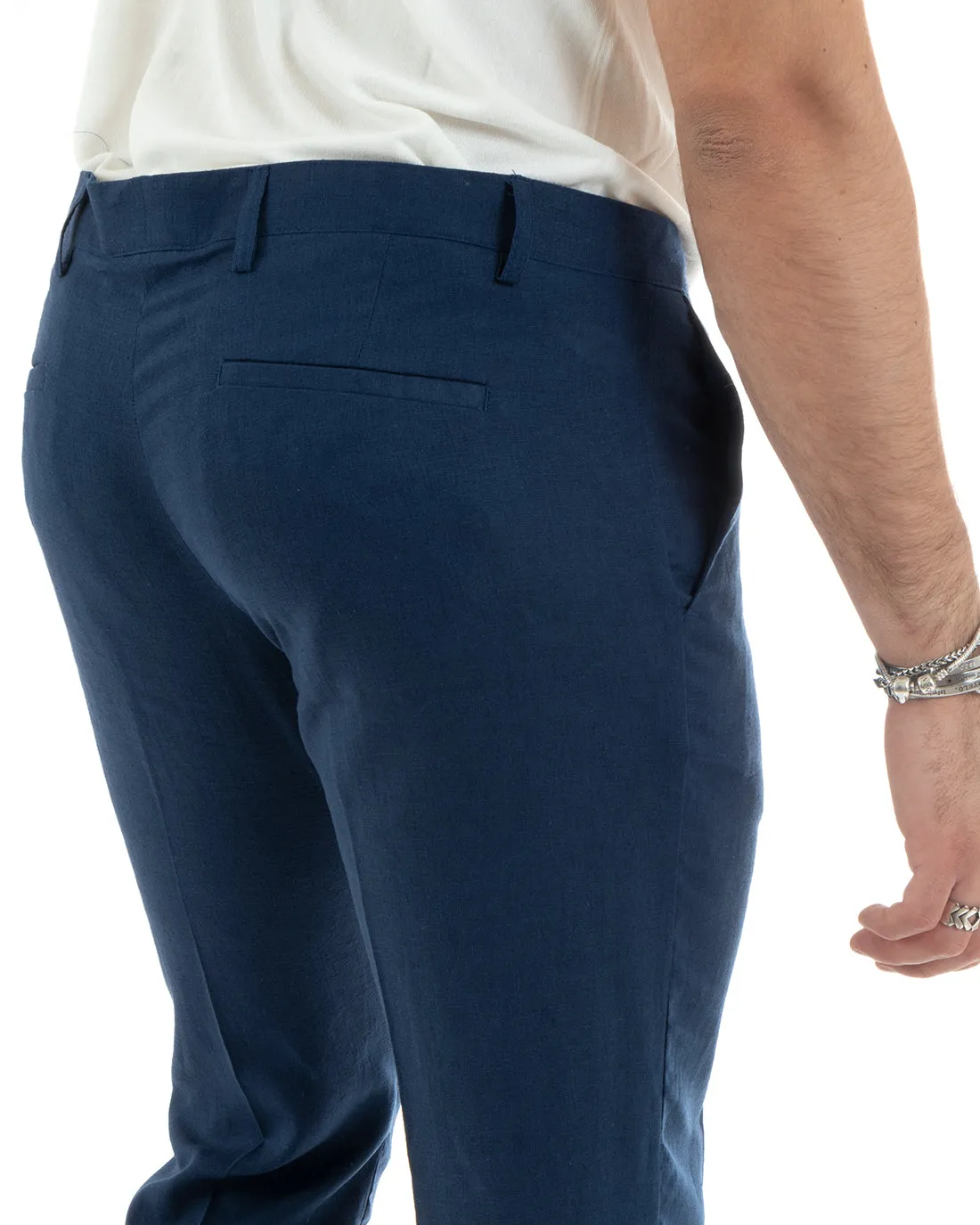 Abito Uomo Monopetto Vestito Lino Completo Giacca Pantaloni Blu Sportivo Elegante Cerimonia GIOSAL-OU2300A