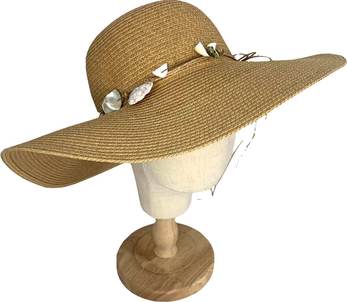 Beige Wide Brim Straw Hat With Shell Detail One Size