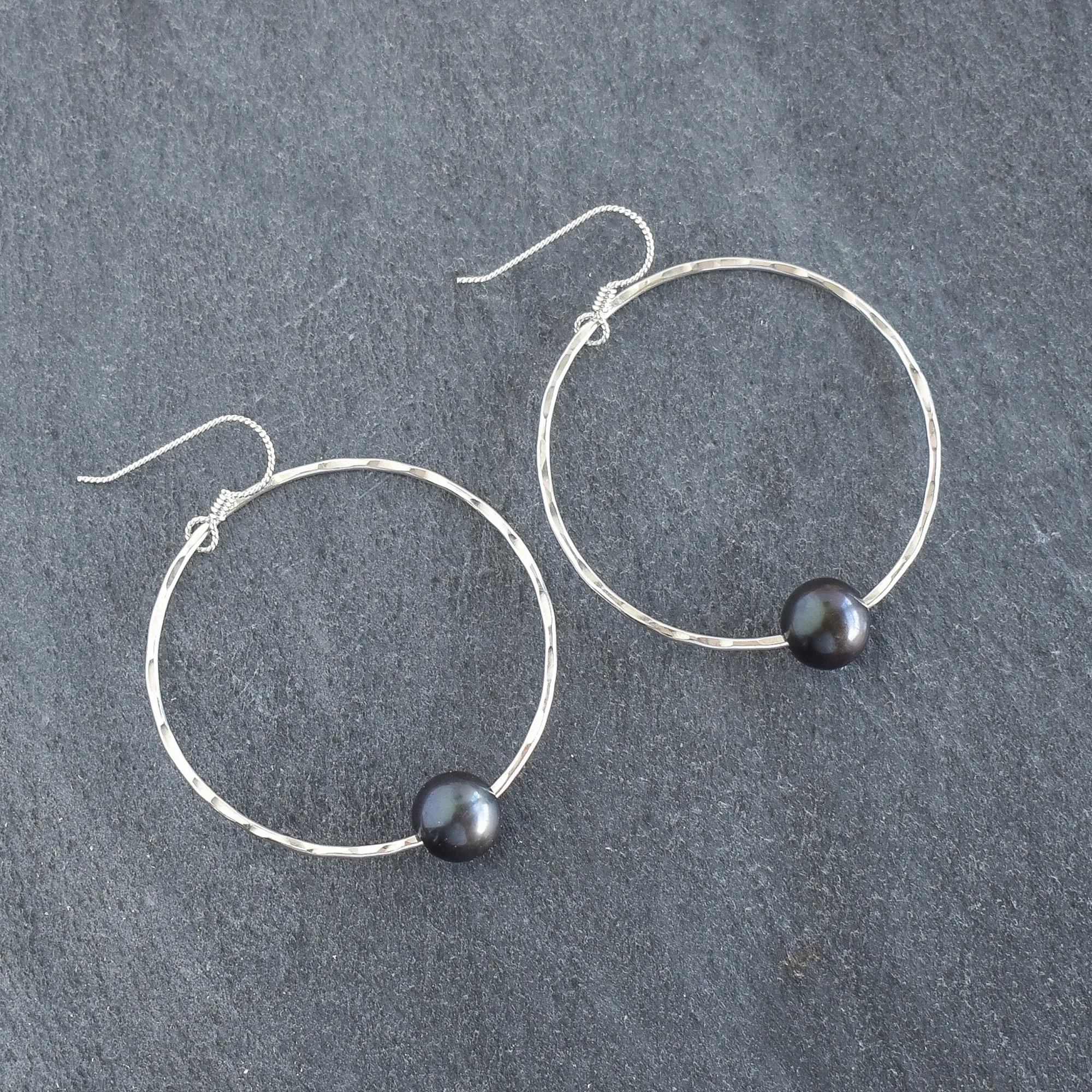 Black Pearl Hoop Earrings - Large