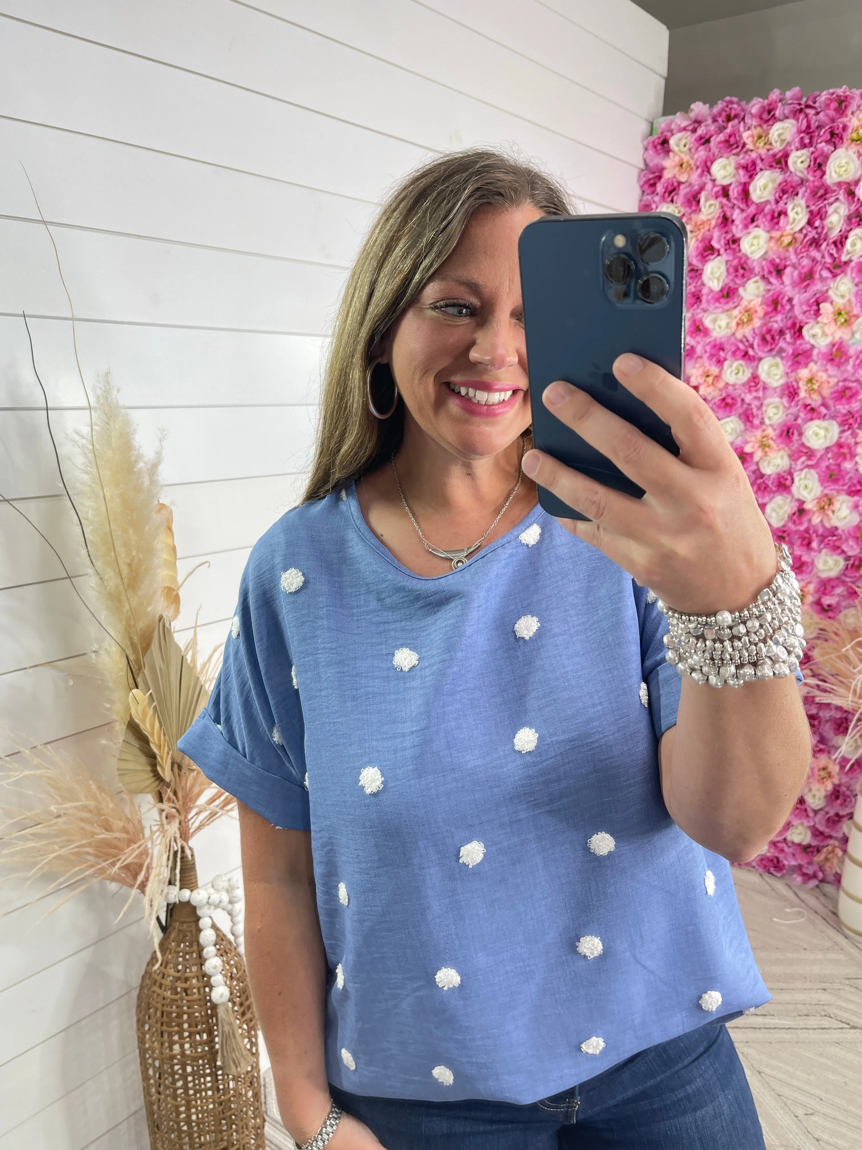 BLUE/CREAM LARGE SWISS DOT TOP