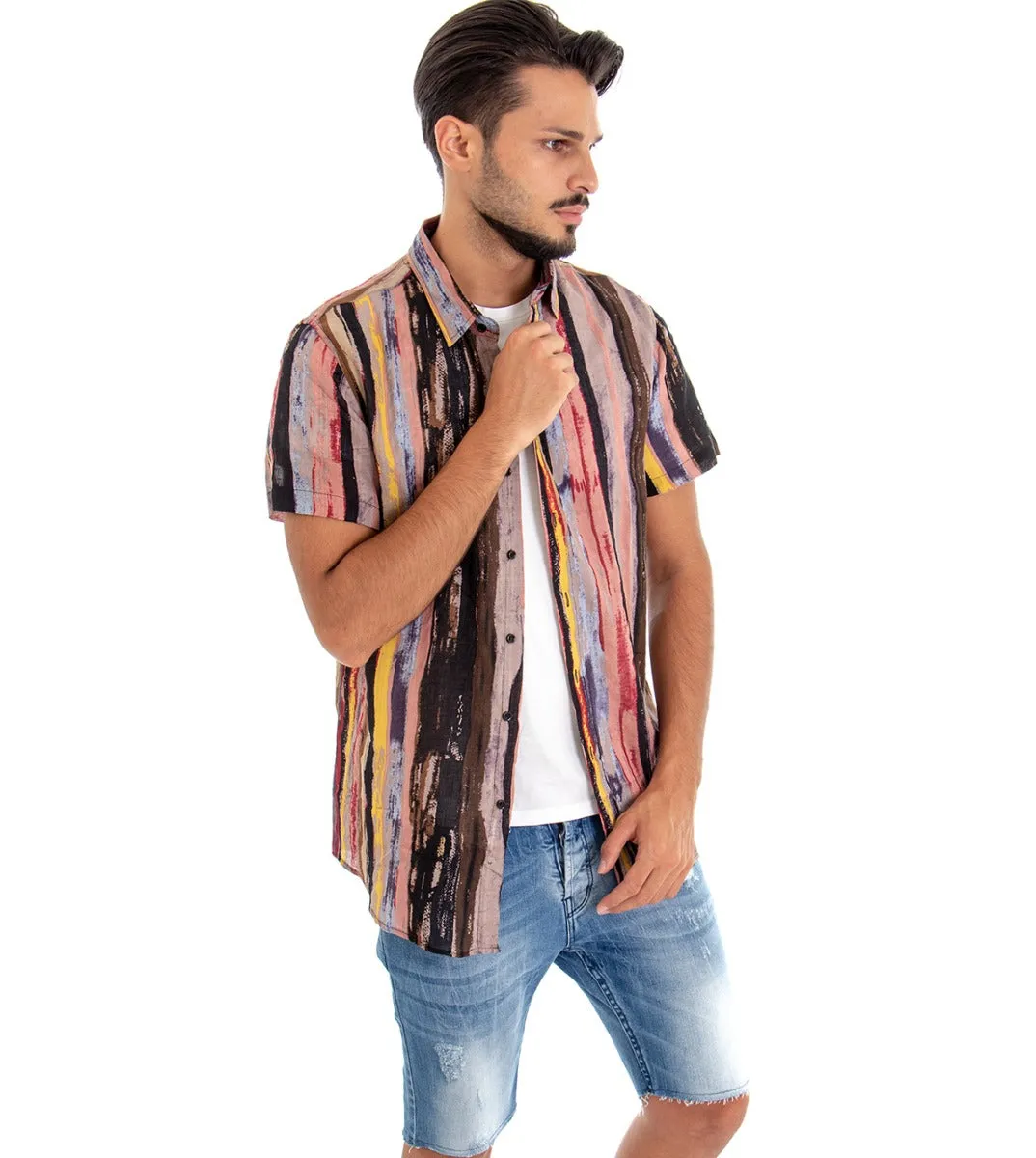 Camicia Manica Corta Uomo Colletto Multicolore Rigata GIOSAL-CC1084A