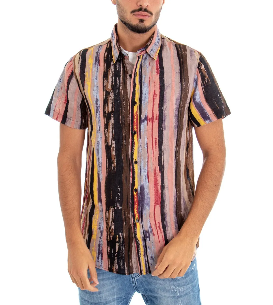 Camicia Manica Corta Uomo Colletto Multicolore Rigata GIOSAL-CC1084A