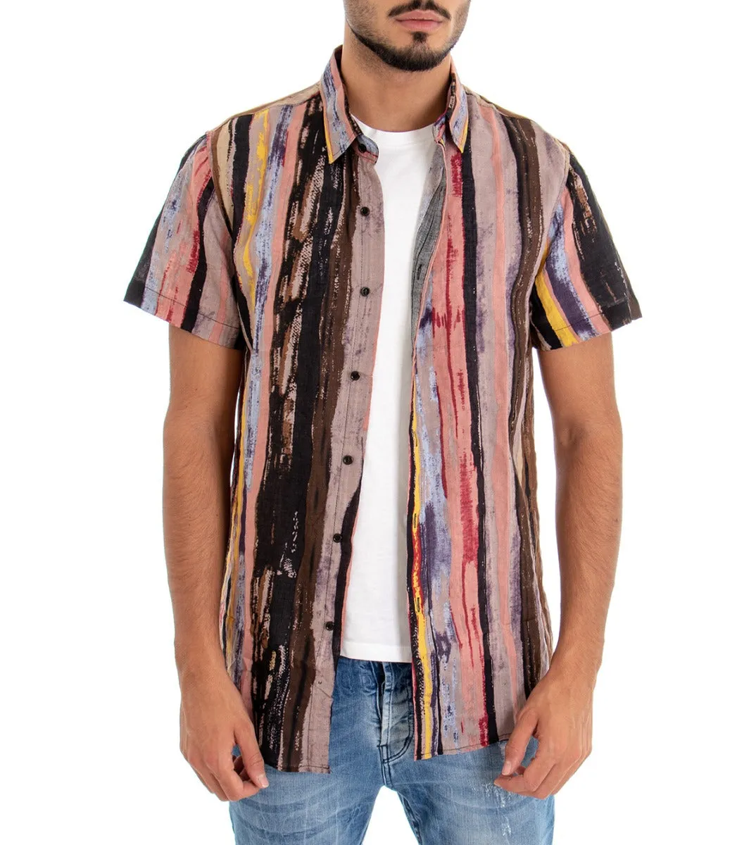 Camicia Manica Corta Uomo Colletto Multicolore Rigata GIOSAL-CC1084A