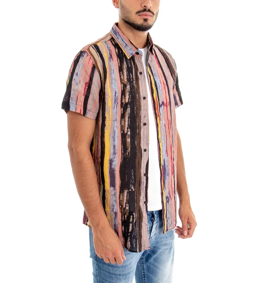 Camicia Manica Corta Uomo Colletto Multicolore Rigata GIOSAL-CC1084A