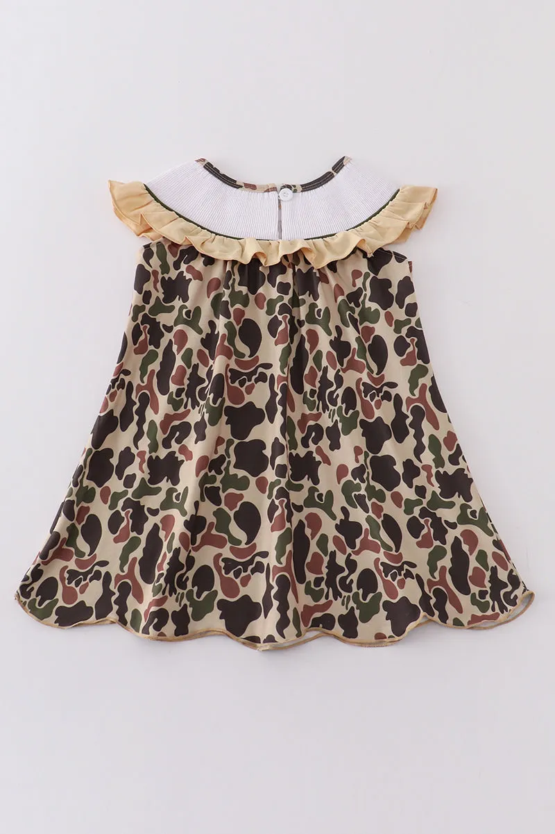 Camouflage easter cross embroidery smocked girl dress