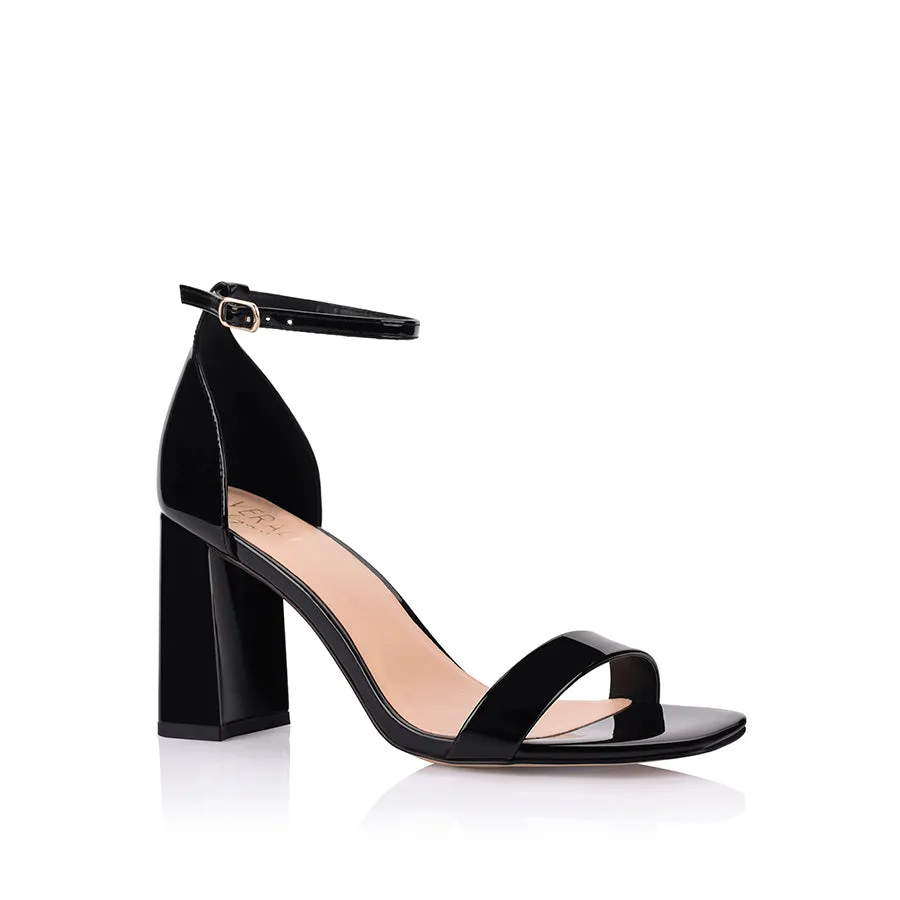 Carly Block Heel Sandals - Black Patent