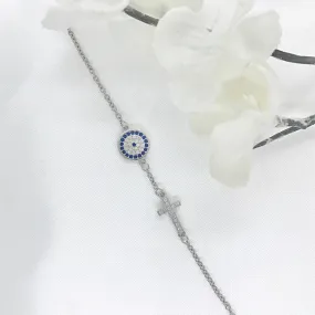 Children's Sterling Silver Evil Eye and Cross Bracelet