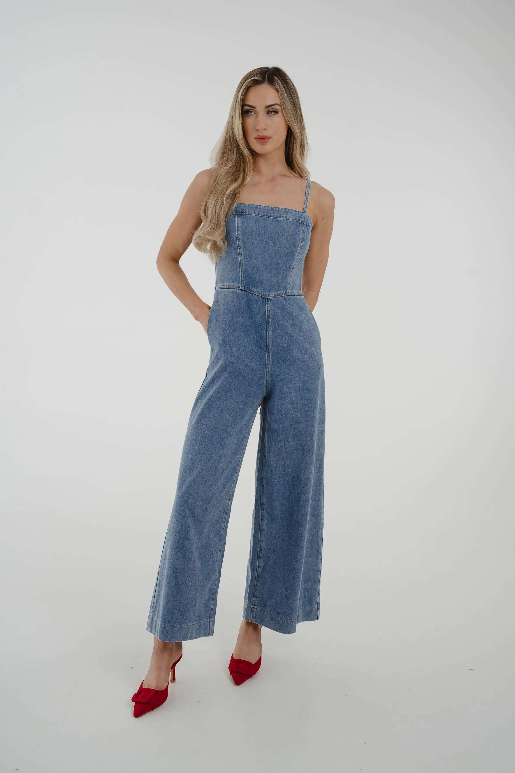 Cindy Strappy Denim Jumpsuit In Light Wash