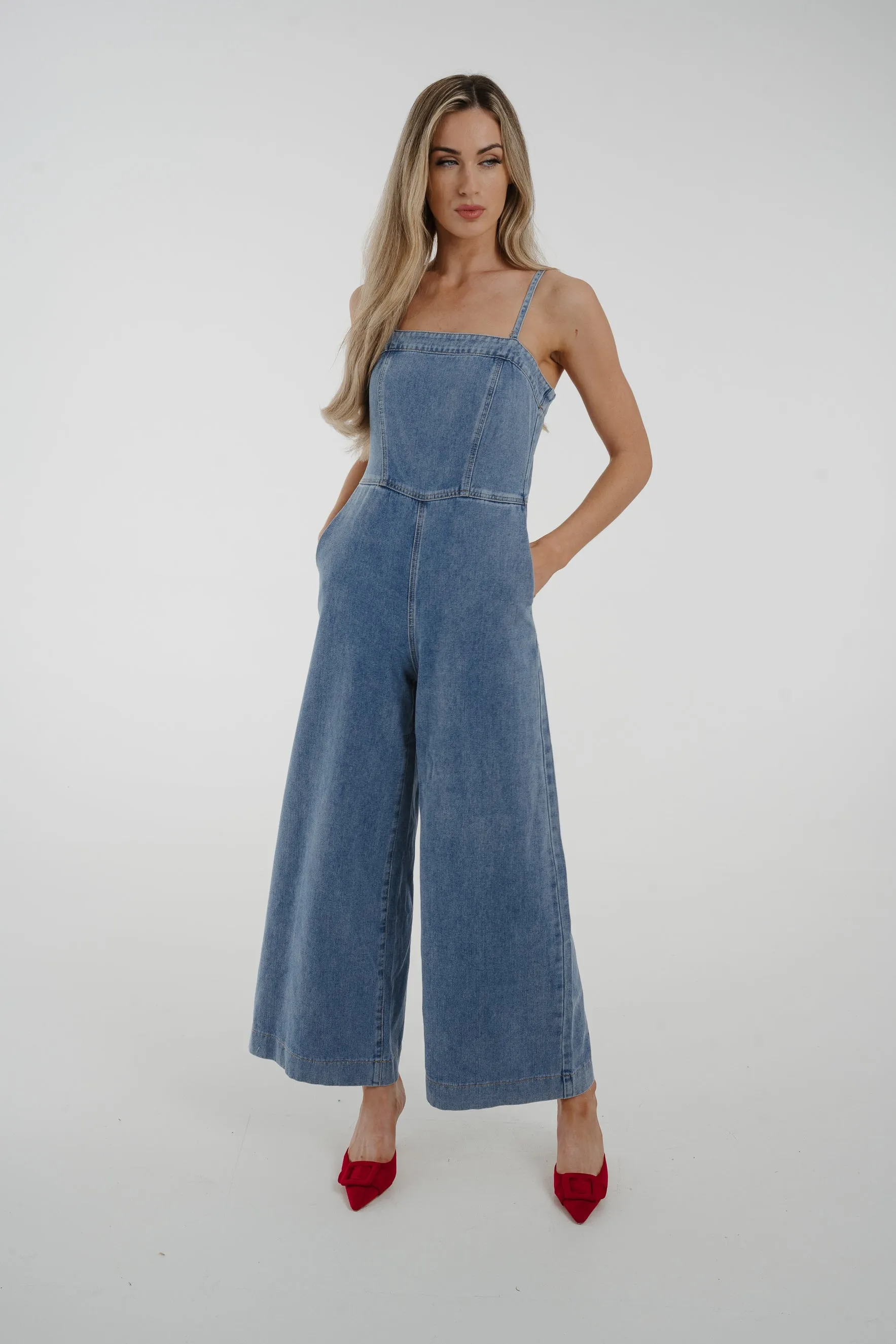 Cindy Strappy Denim Jumpsuit In Light Wash