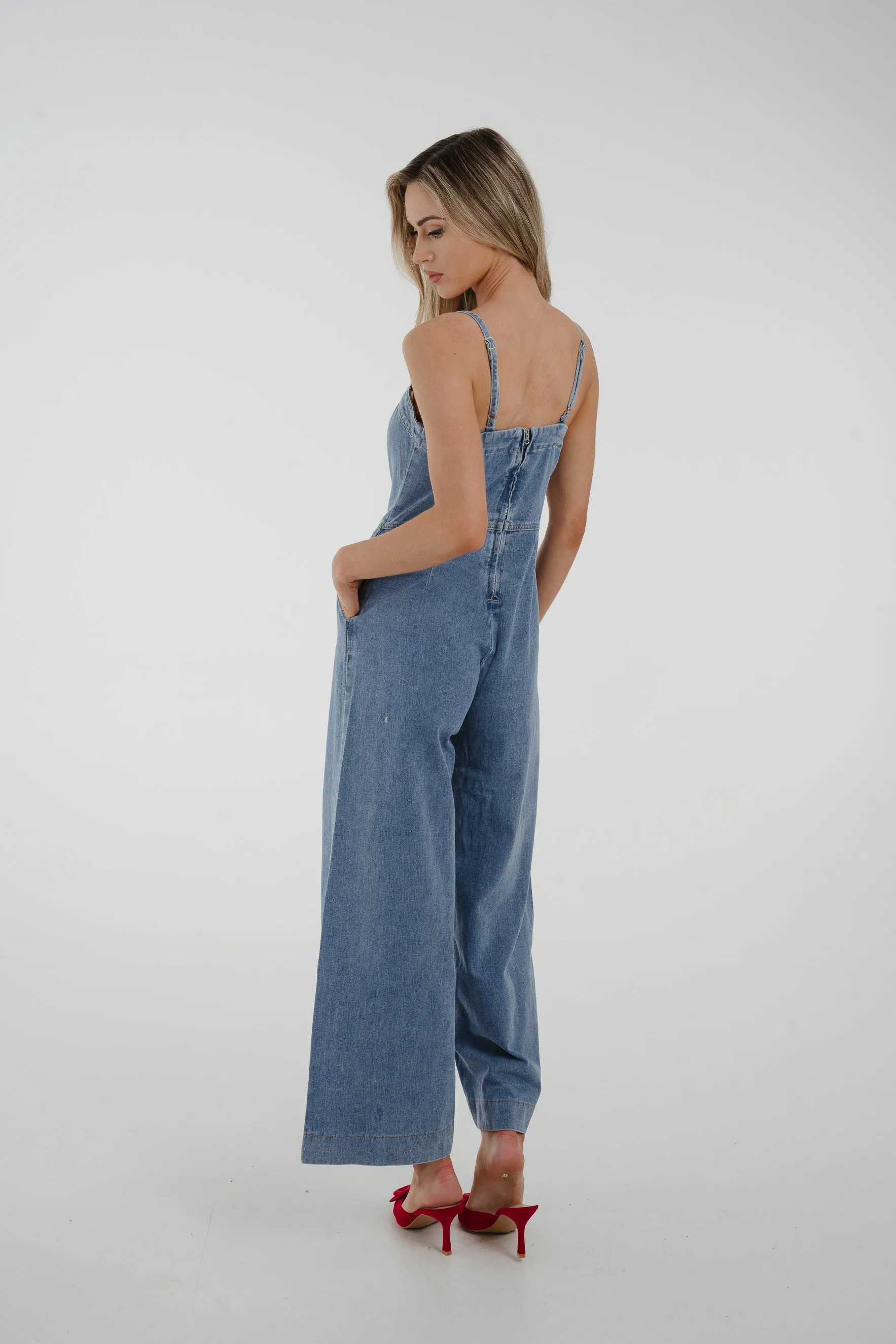 Cindy Strappy Denim Jumpsuit In Light Wash