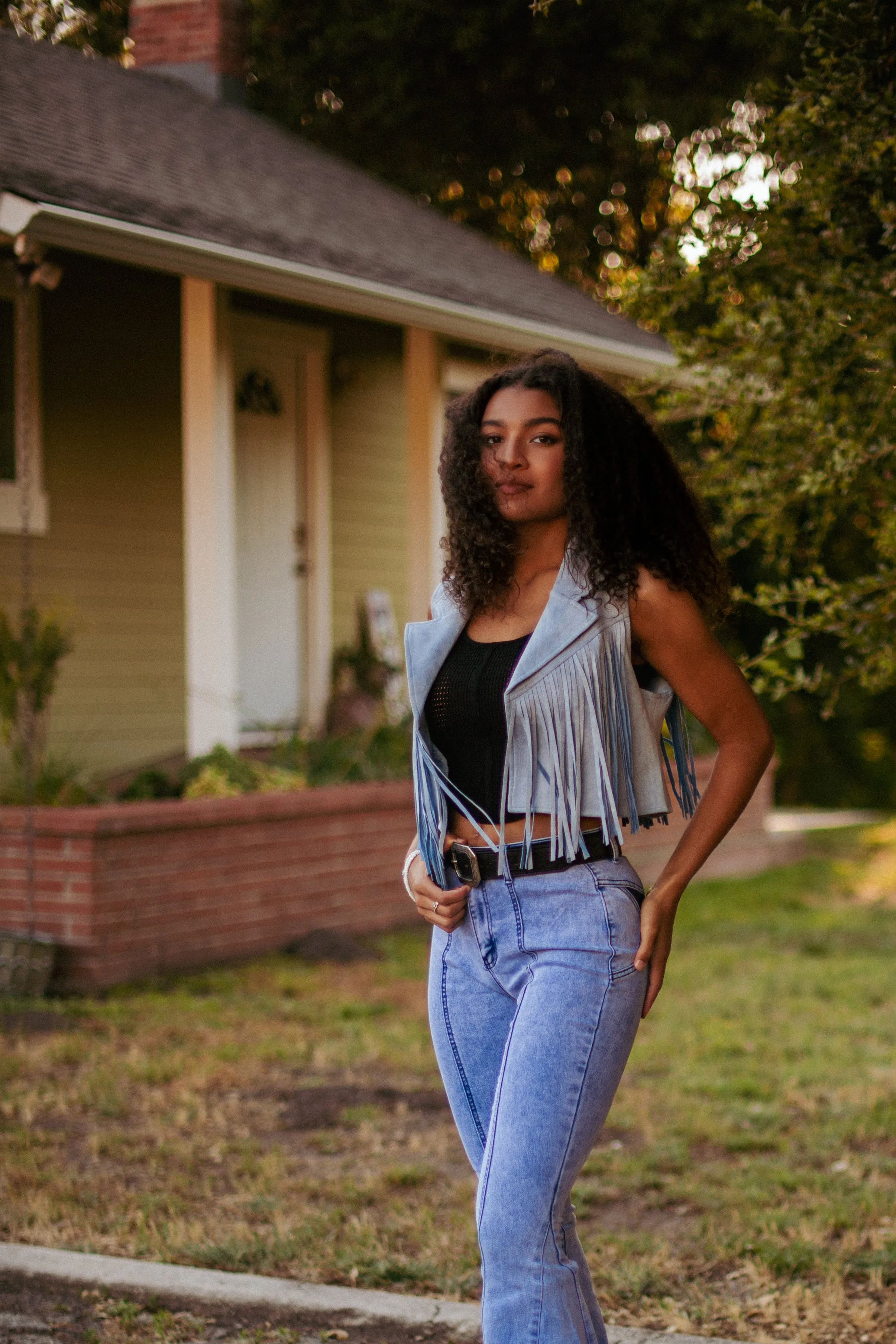 Dixie Fringe Faux Suede Vest - Sky Blue