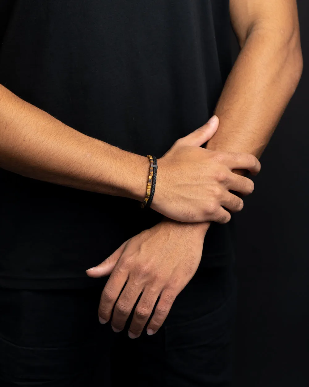 Double bracelet with black Italian leather and 4mm Tiger Eye stone