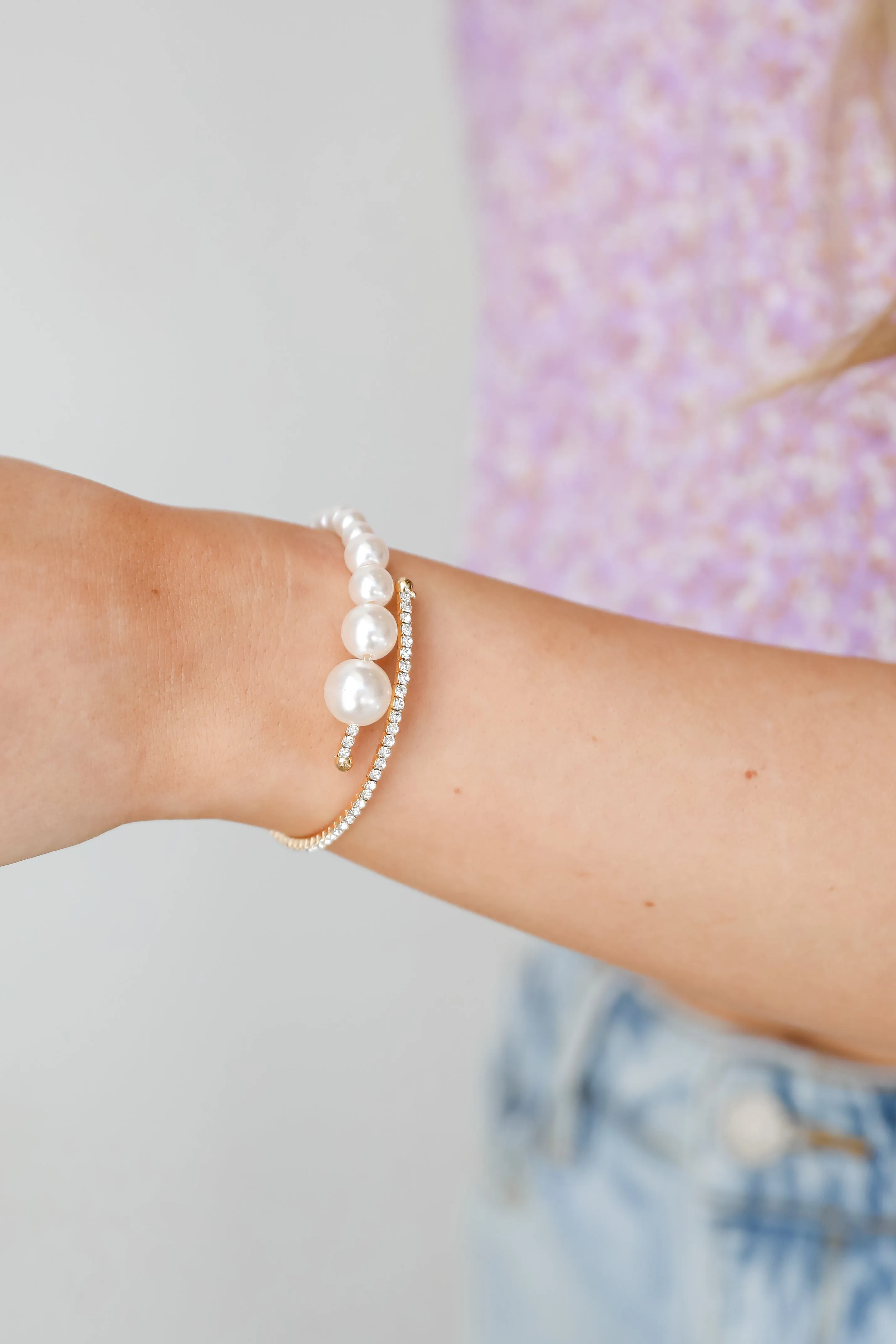 Emilee Gold Rhinestone   Pearl Bracelet