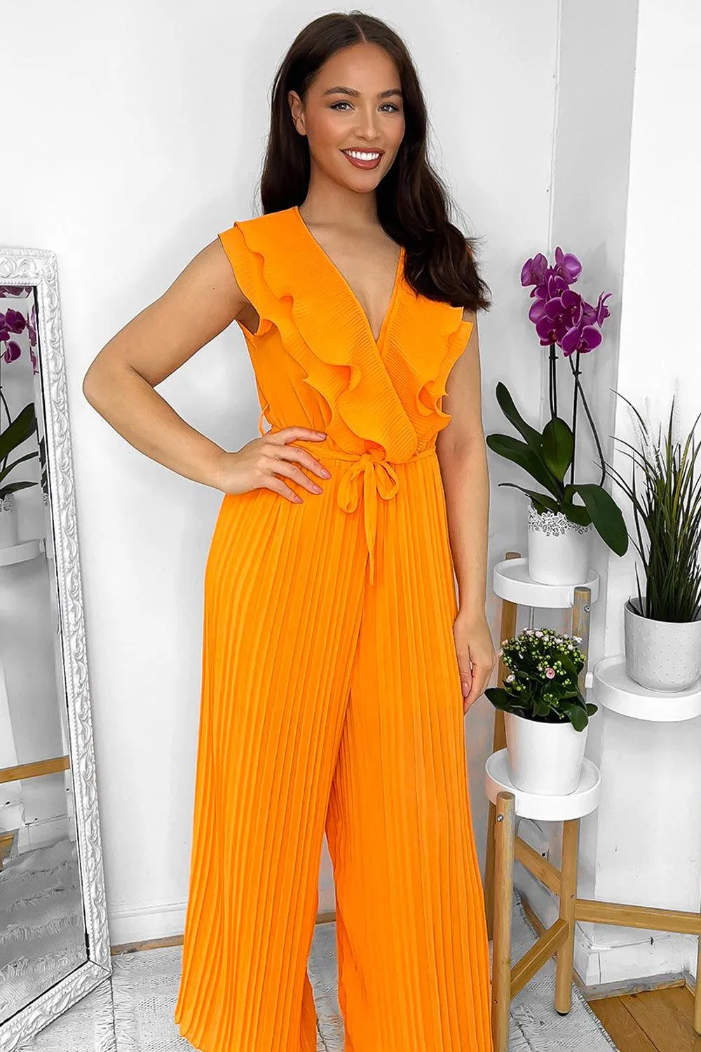 Frilled Front Sleeveless Chiffon Jumpsuit