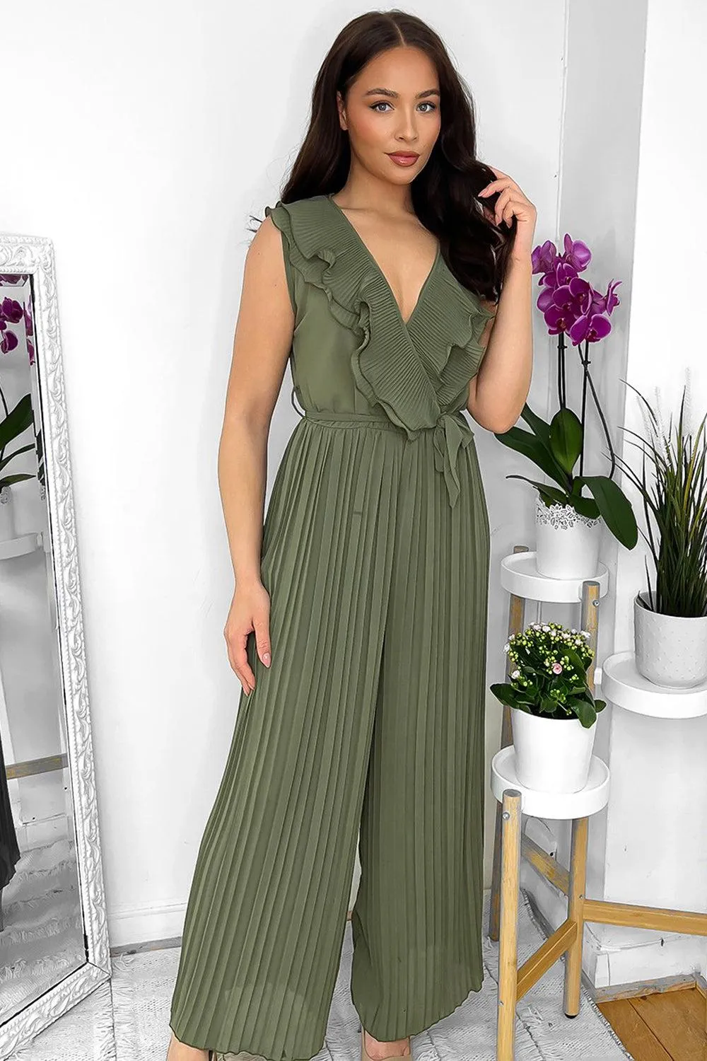 Frilled Front Sleeveless Chiffon Jumpsuit