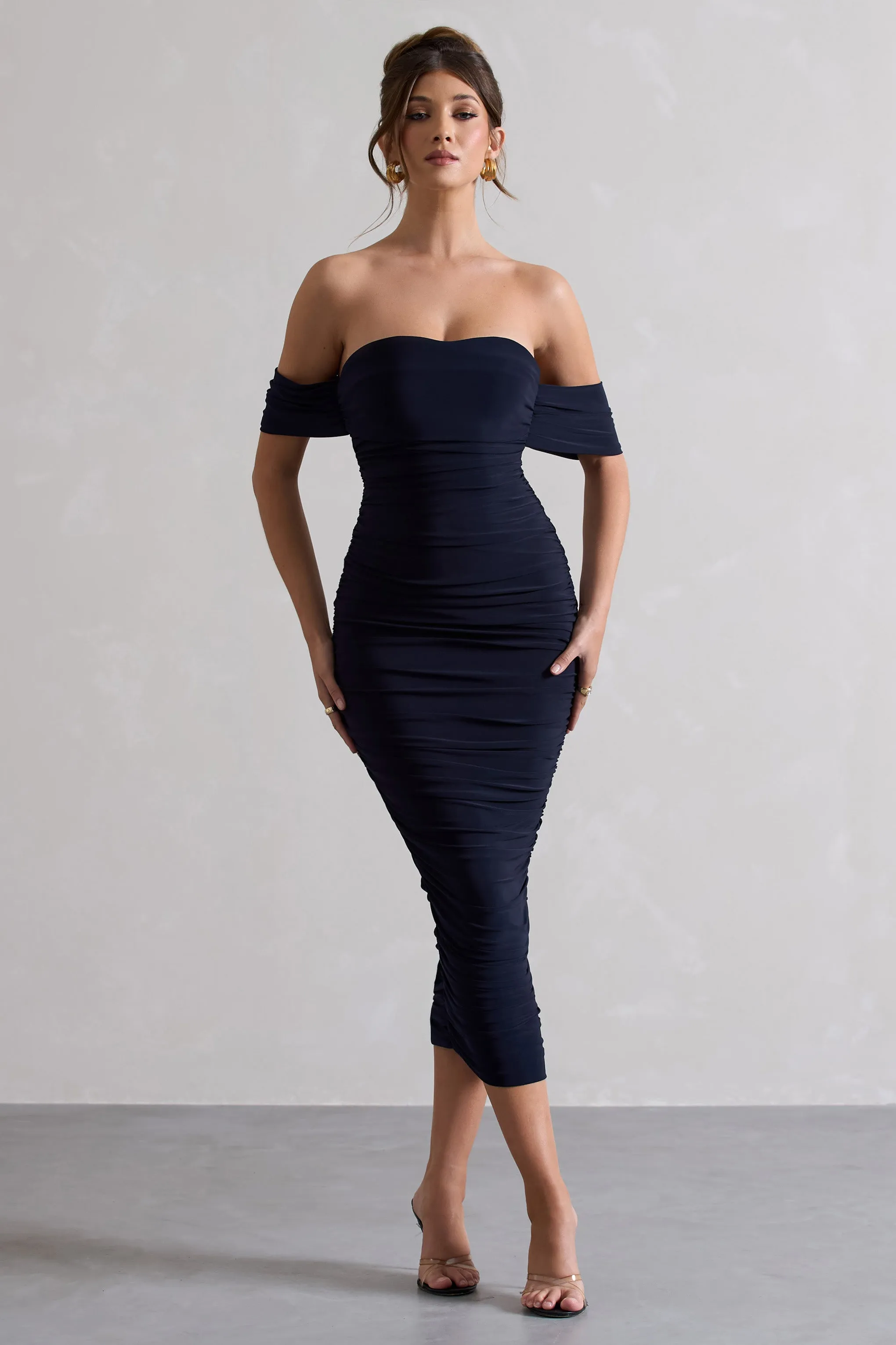 Lost For Words | Navy Bardot Ruched Draped Midi Dress