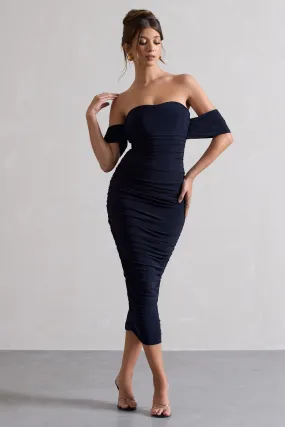 Lost For Words | Navy Bardot Ruched Draped Midi Dress