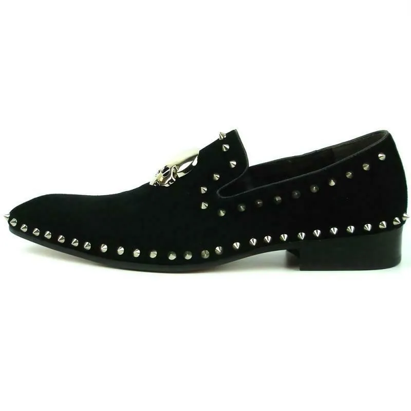 Men's Fiesso Black Suede with Silver Studs Skull Slip On Shoes FI 7199