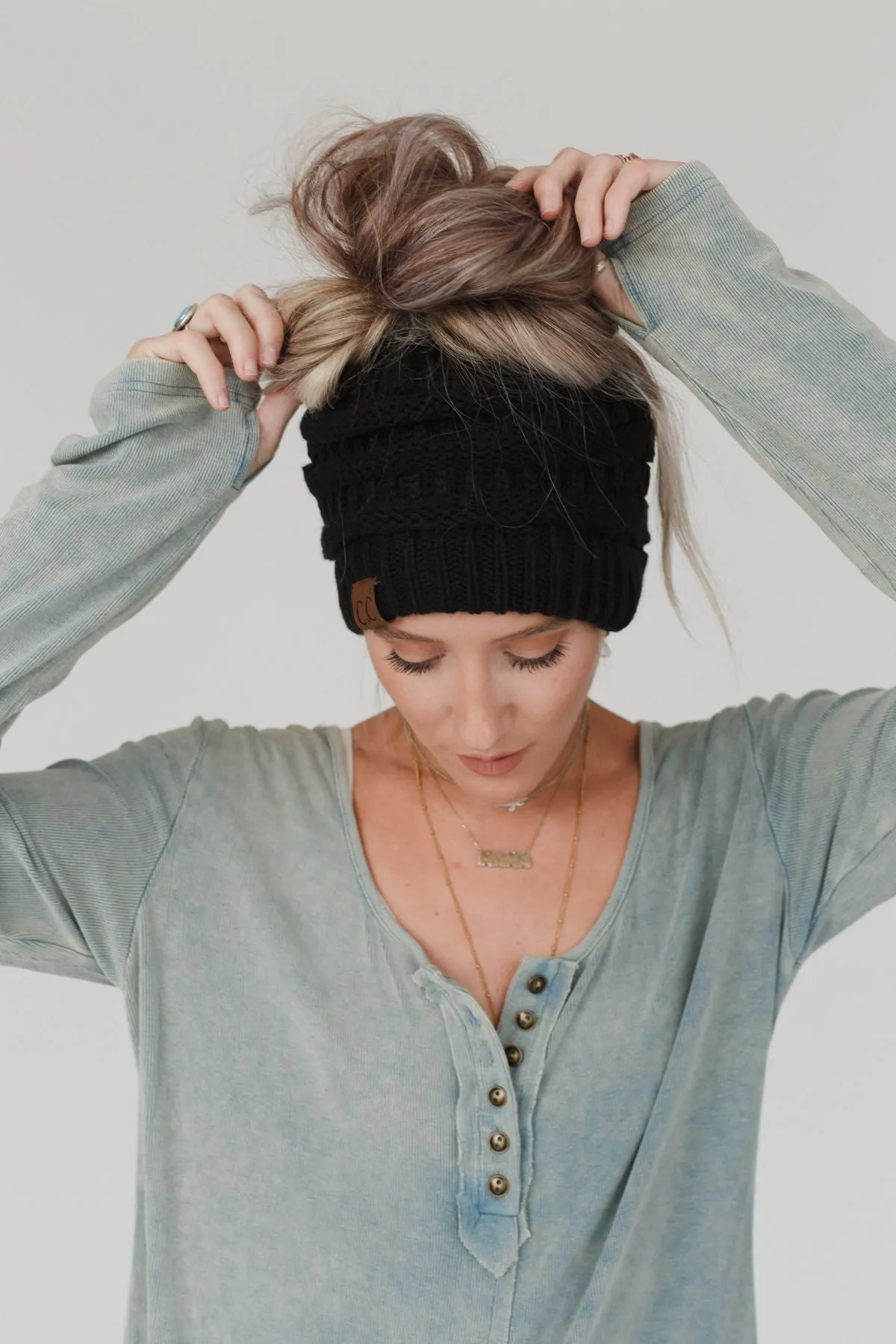 Messy Bun Knitted Beanie Hat - Black