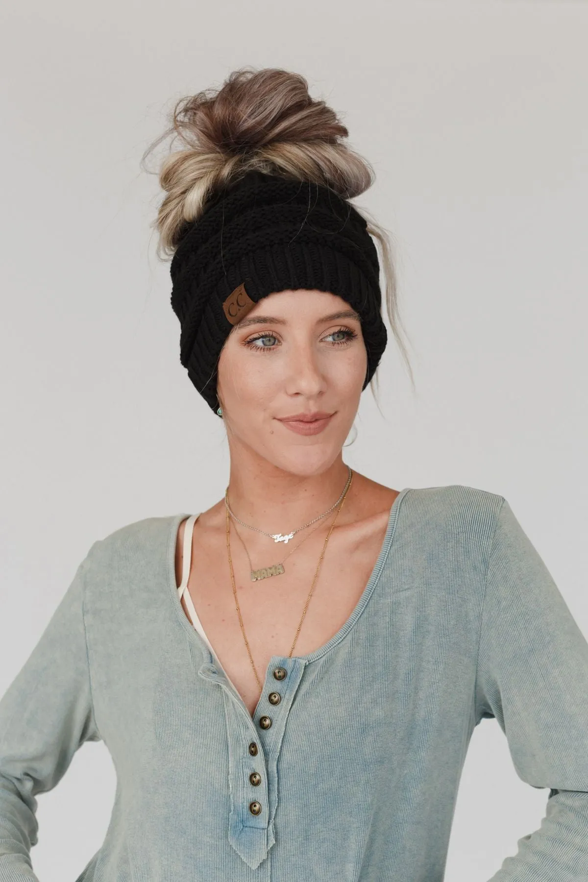 Messy Bun Knitted Beanie Hat - Black