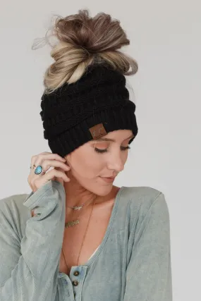 Messy Bun Knitted Beanie Hat - Black