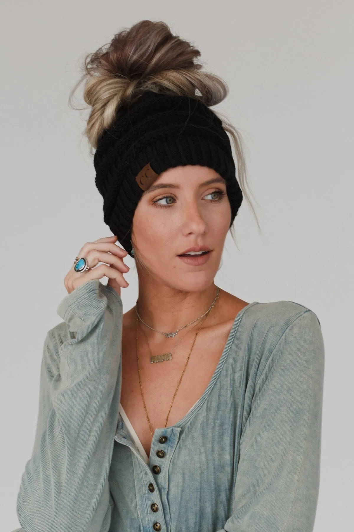 Messy Bun Knitted Beanie Hat - Black