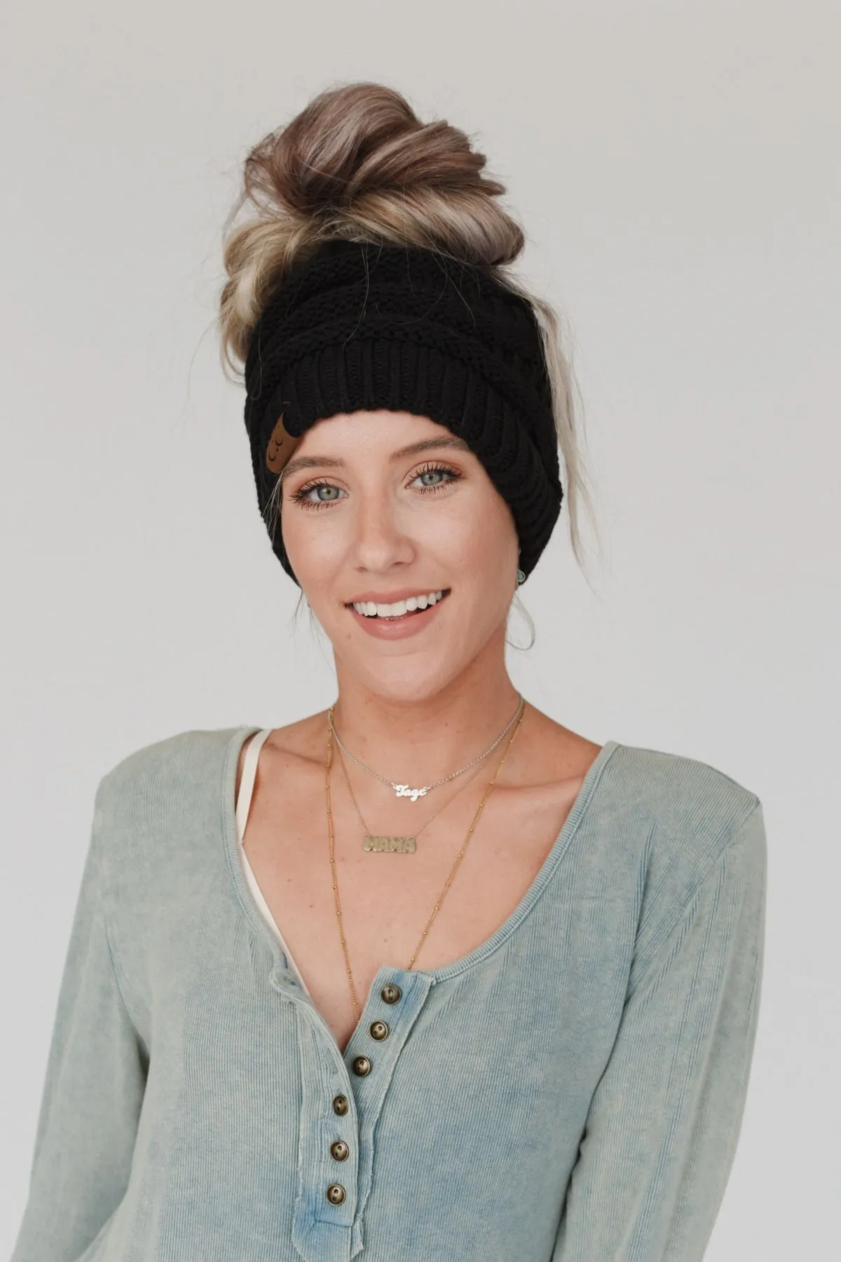 Messy Bun Knitted Beanie Hat - Black