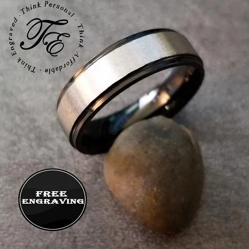 Personalized Women's Promise Ring - Beveled Black and Brushed Stainless Steel