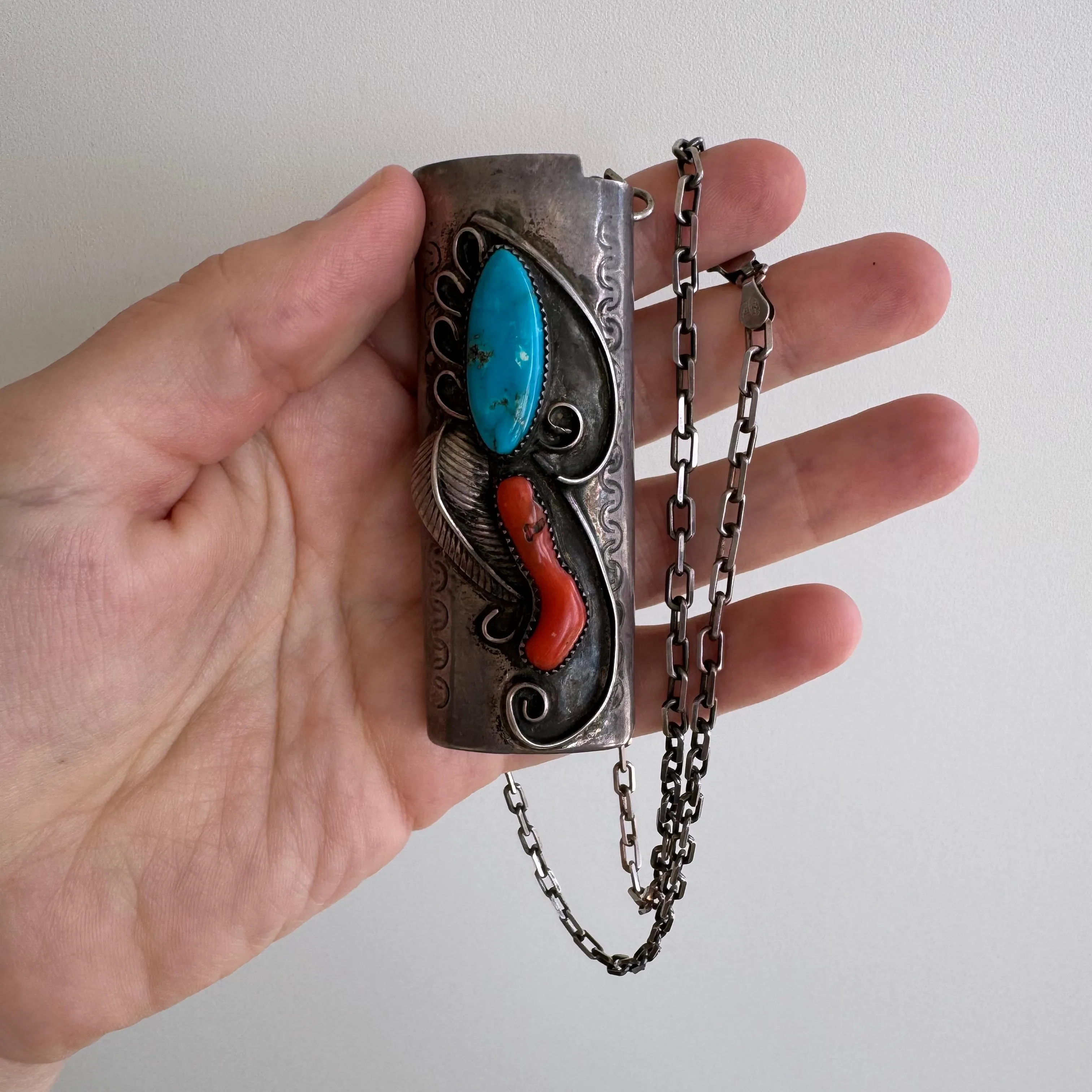 reimagined V I N T A G E // wearable lighter case / sterling silver bic lighter case pendant necklace with turquoise and coral / 23.25, 37g