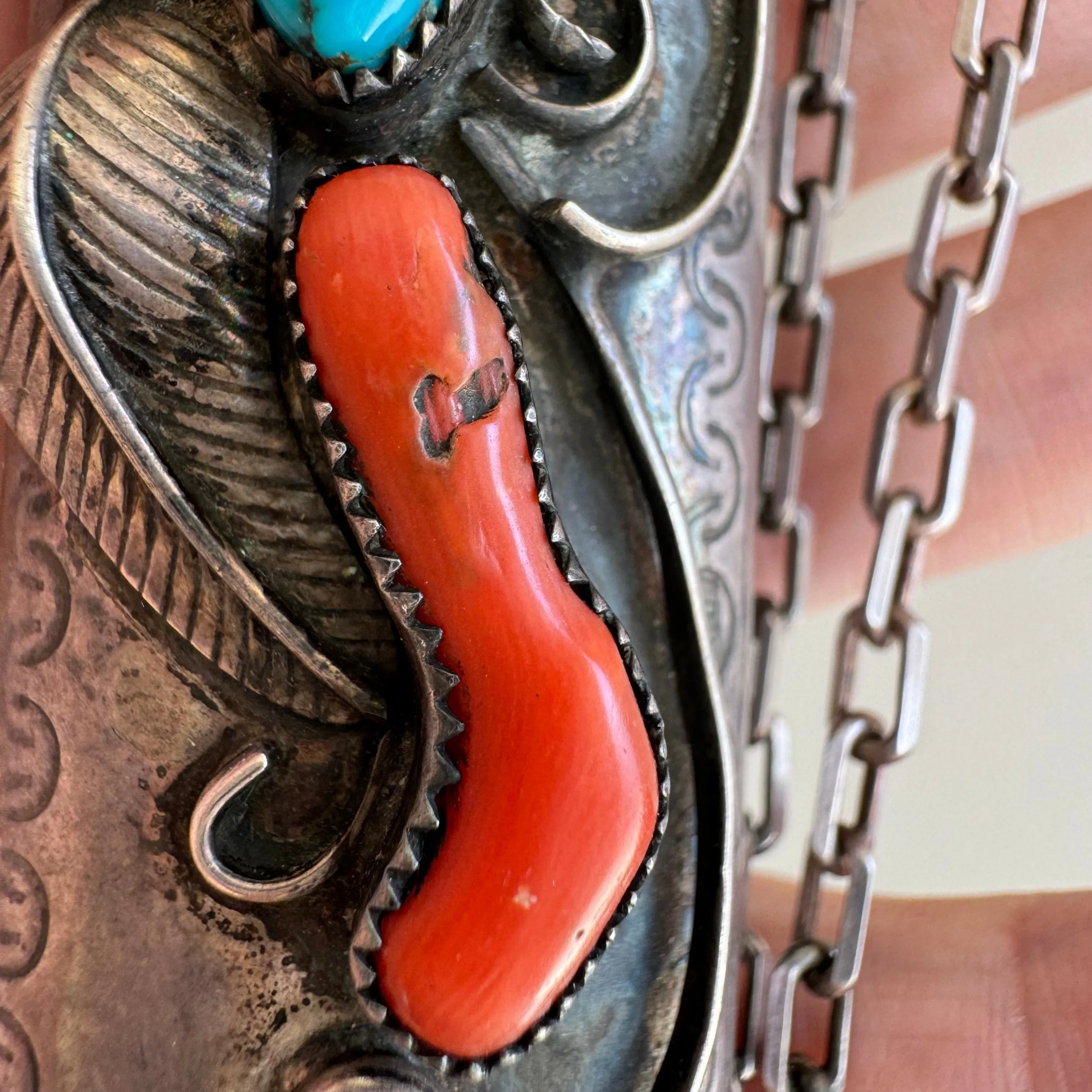 reimagined V I N T A G E // wearable lighter case / sterling silver bic lighter case pendant necklace with turquoise and coral / 23.25, 37g