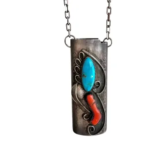 reimagined V I N T A G E // wearable lighter case / sterling silver bic lighter case pendant necklace with turquoise and coral / 23.25, 37g