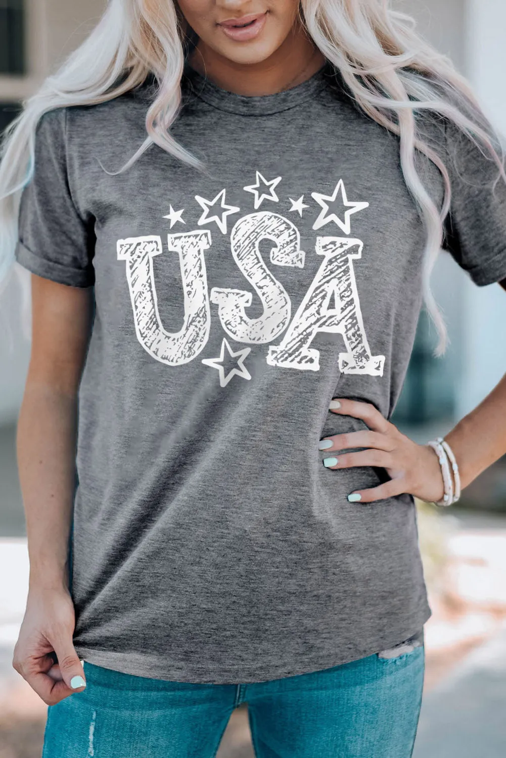 Rundhals-T-Shirt mit USA-Sterngrafik