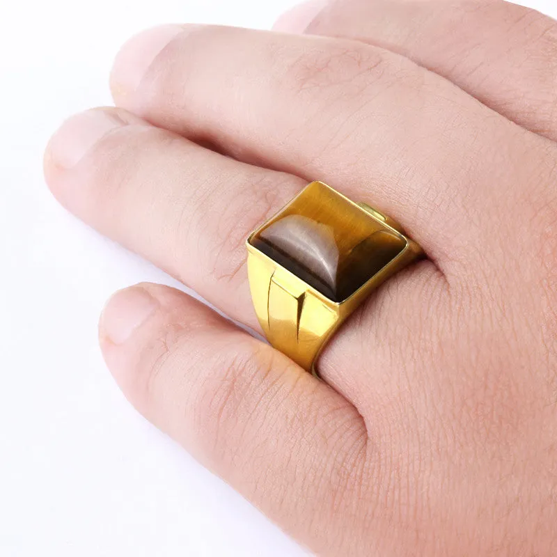 Tiger's Eye Men's Ring in 10k Yellow Gold with Natural Brown Stone