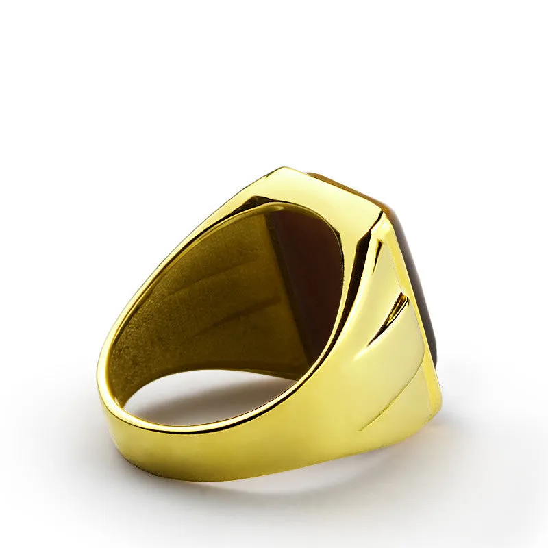 Tiger's Eye Men's Ring in 10k Yellow Gold with Natural Brown Stone