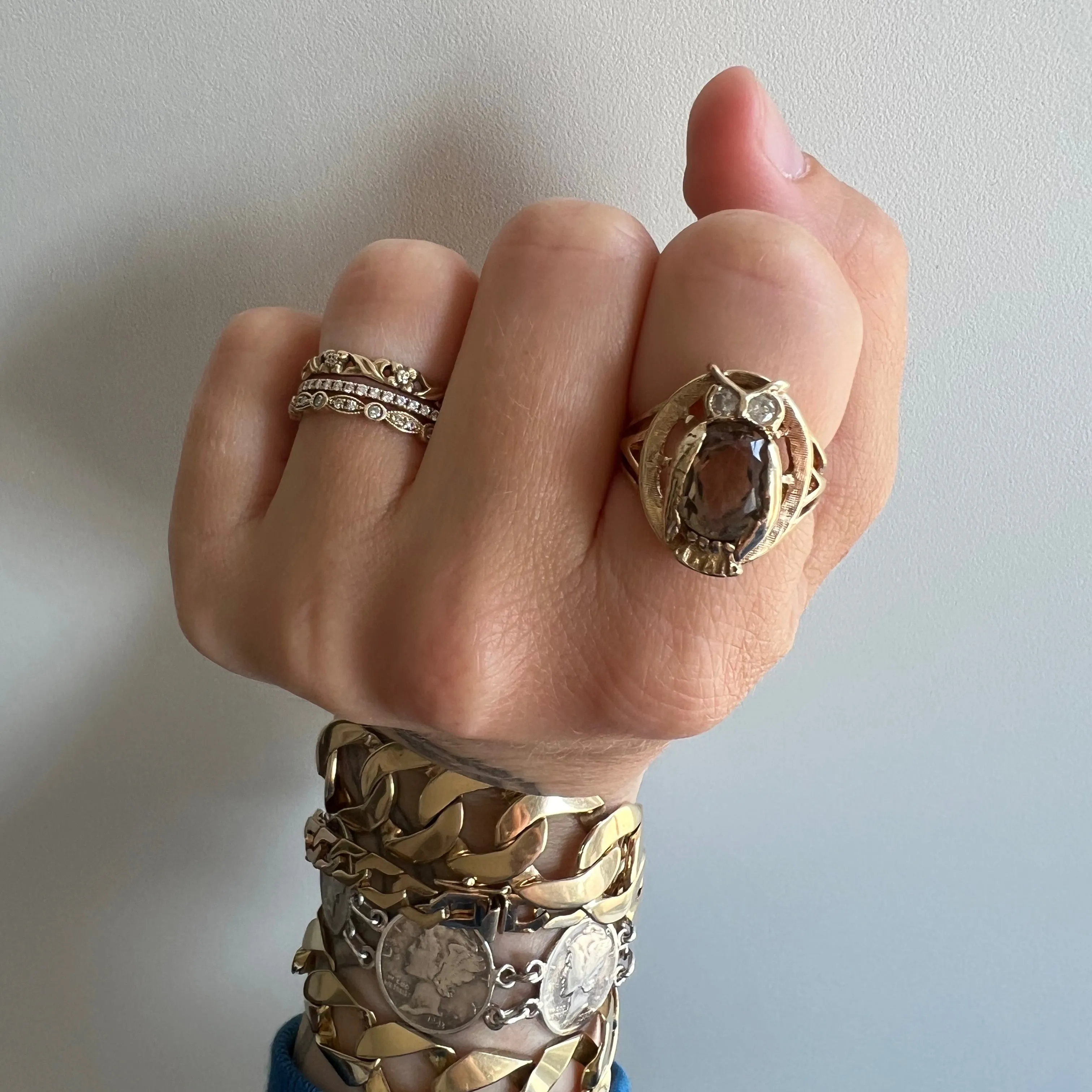 V I N T A G E // mid century wisdom / 14k smoky quartz and diamond owl ring / size