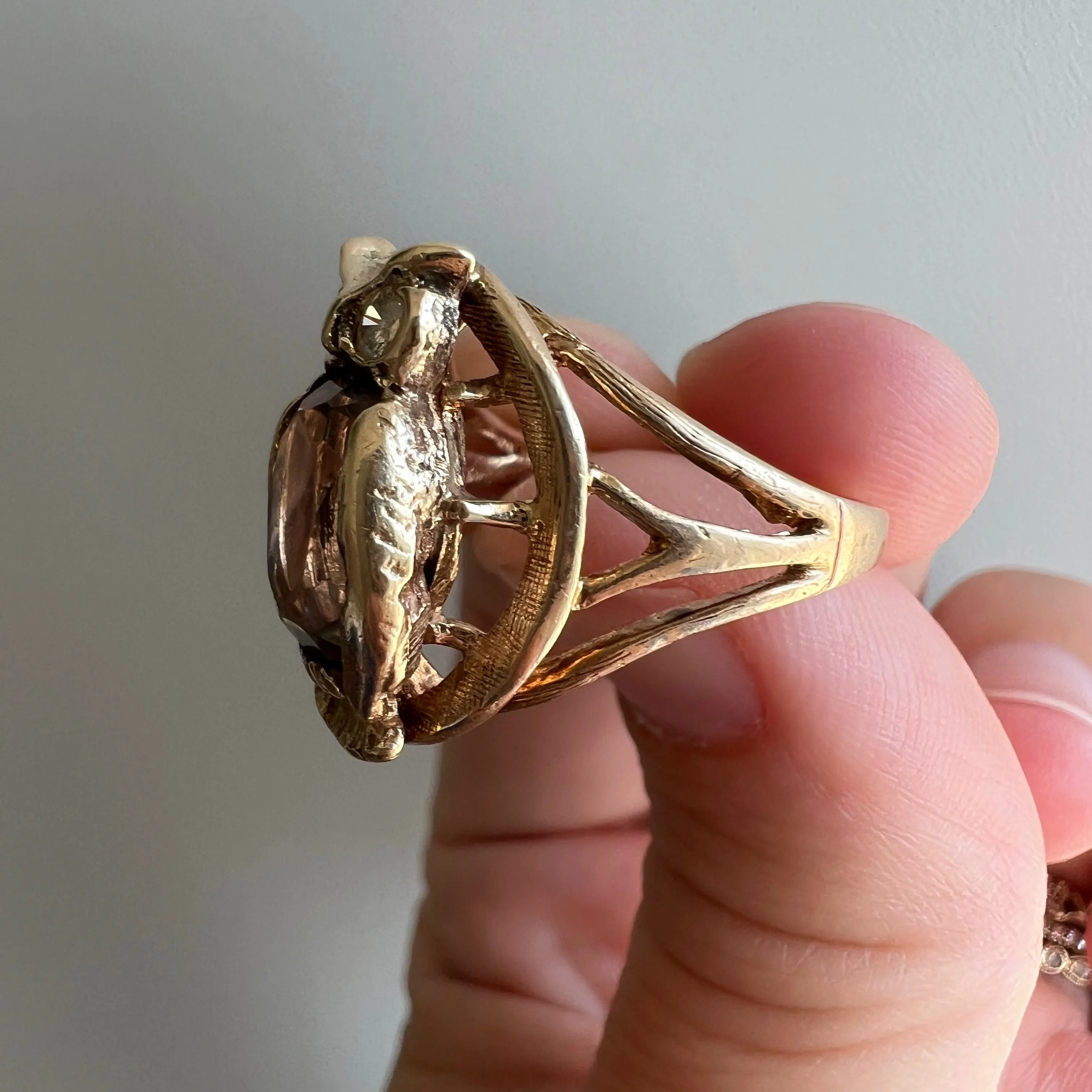 V I N T A G E // mid century wisdom / 14k smoky quartz and diamond owl ring / size