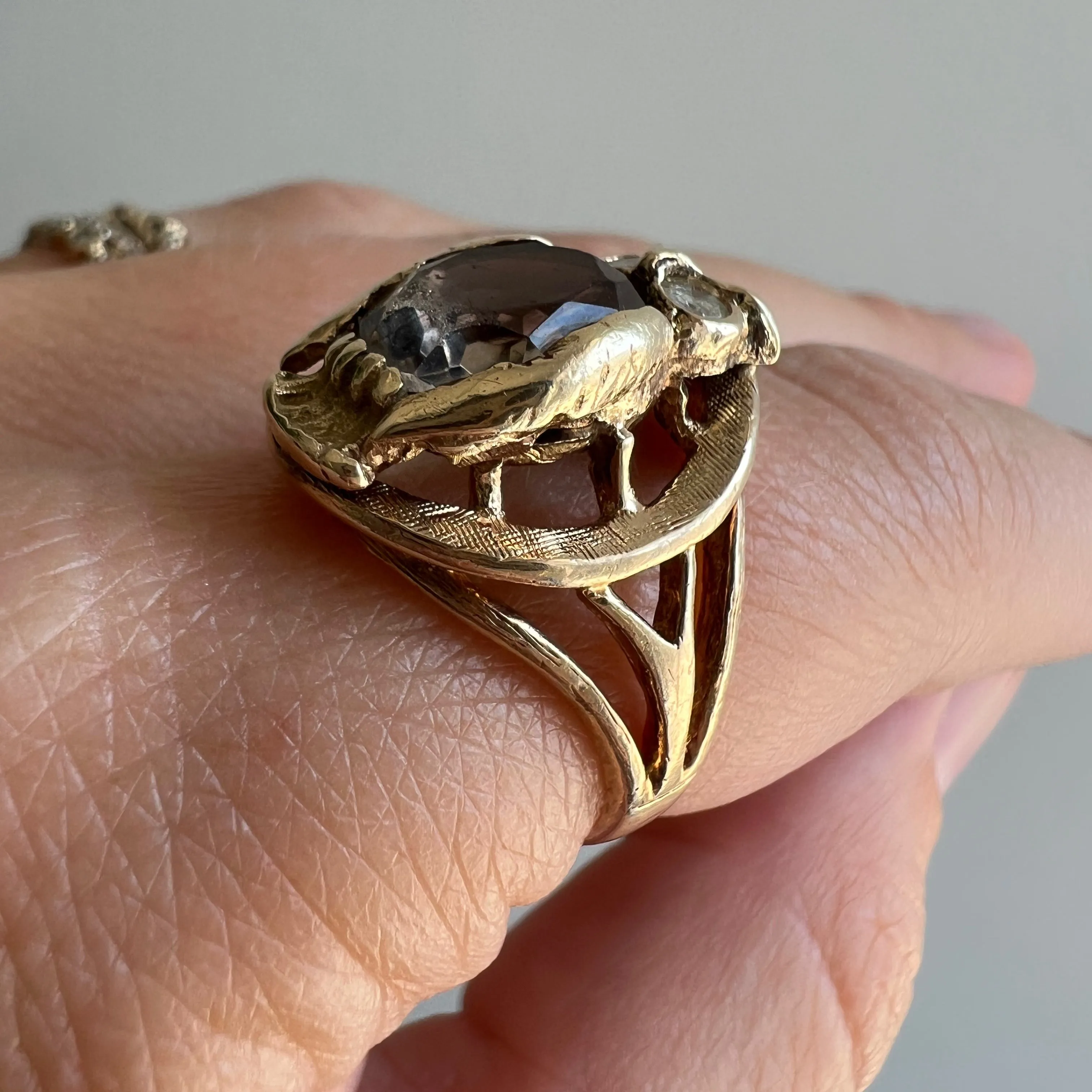 V I N T A G E // mid century wisdom / 14k smoky quartz and diamond owl ring / size