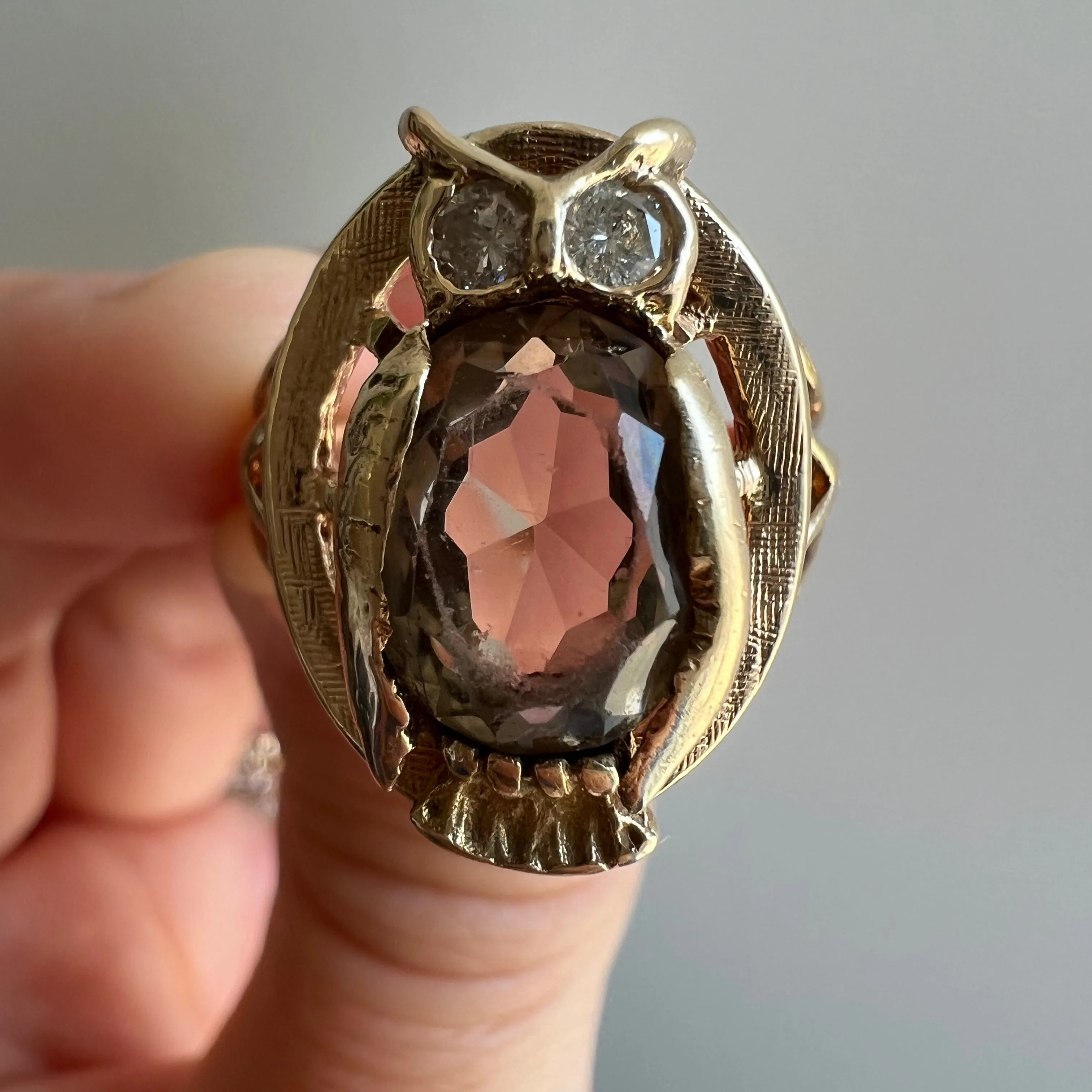 V I N T A G E // mid century wisdom / 14k smoky quartz and diamond owl ring / size