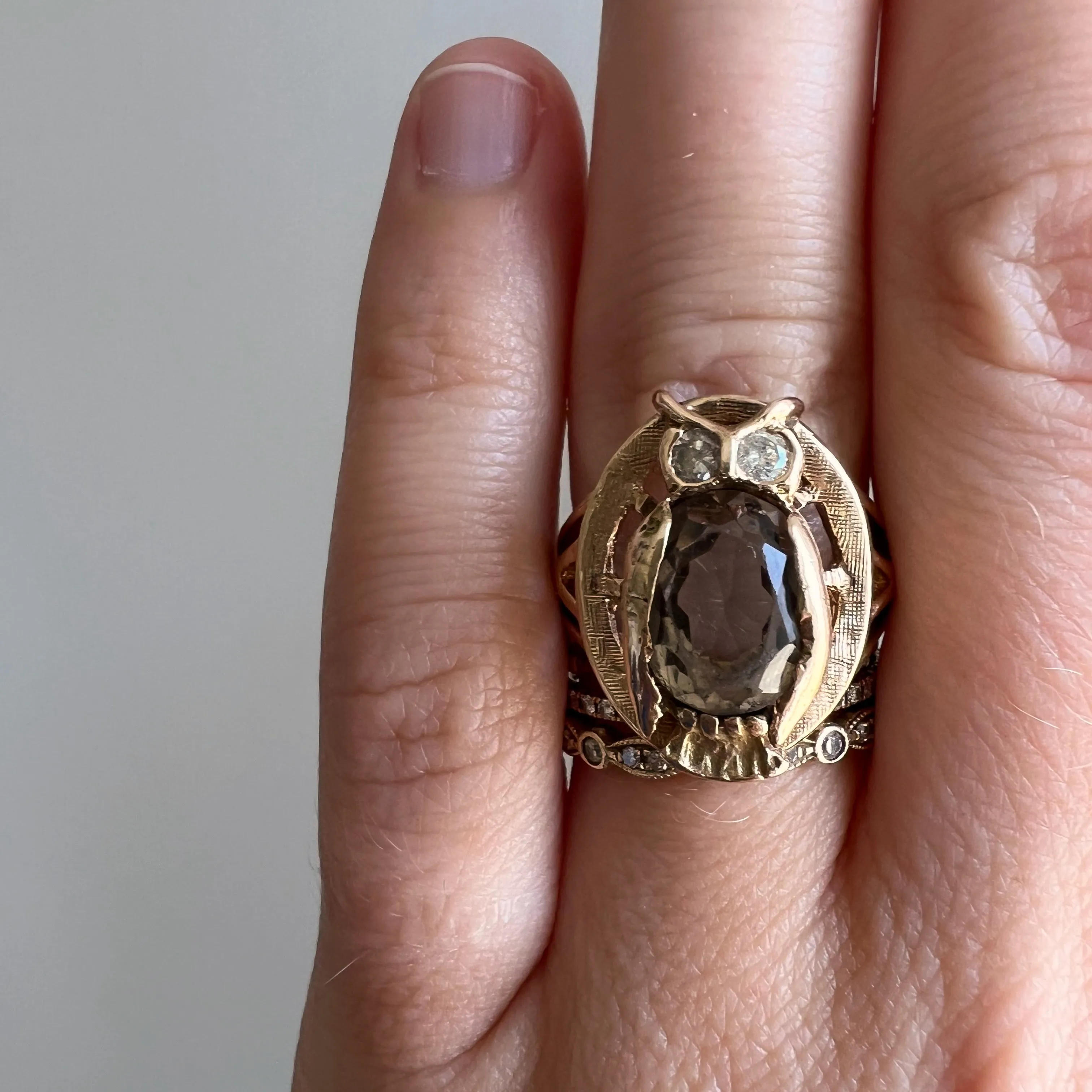 V I N T A G E // mid century wisdom / 14k smoky quartz and diamond owl ring / size