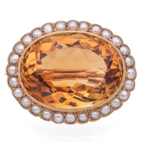 Vintage 10K Yellow Gold Citrine and Pearl Oval Brooch Pin