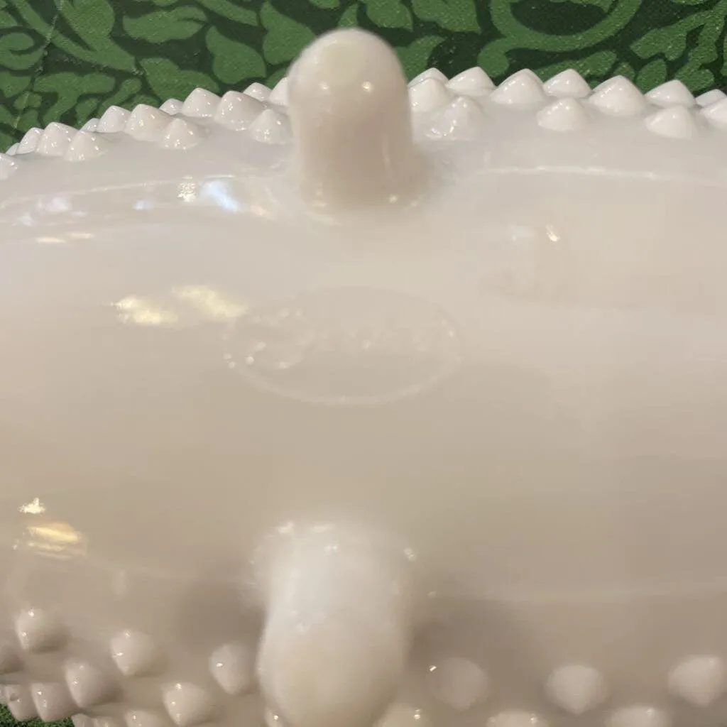 Vintage Fenton Milk Glass Hobnail Footed Oval Candy Dish