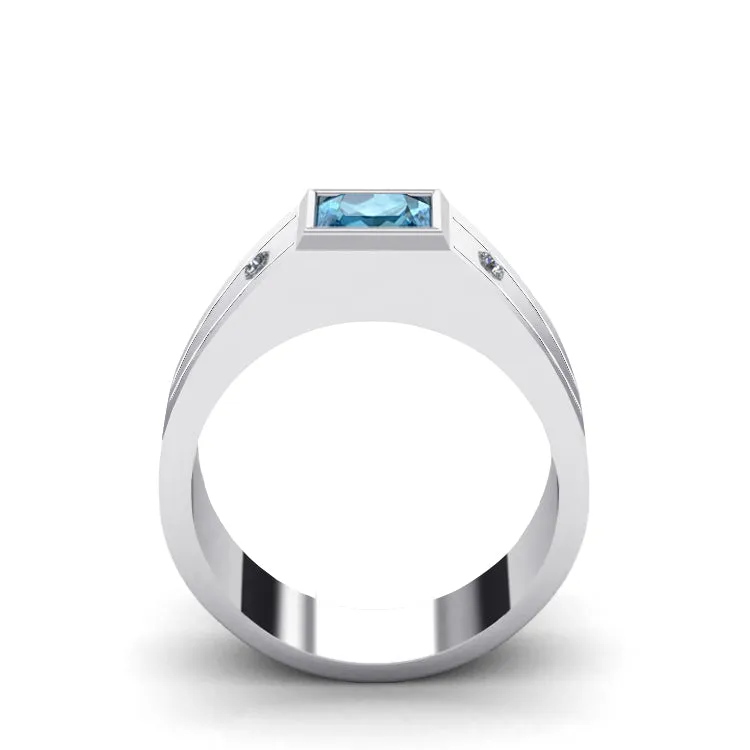 Wide Band Gemstone Ring Solid 14k White Gold with 2 Natural Diamonds and 1.80ct Blue Topaz