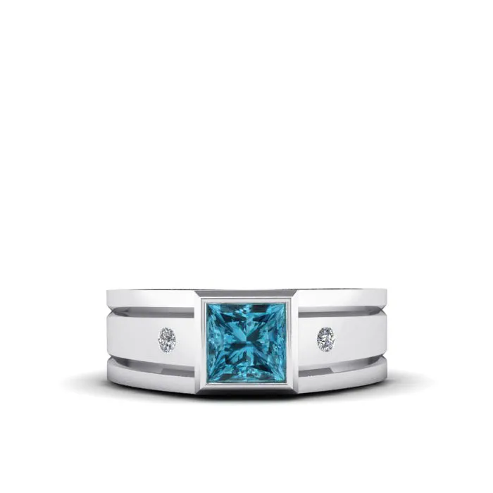 Wide Band Gemstone Ring Solid 14k White Gold with 2 Natural Diamonds and 1.80ct Blue Topaz