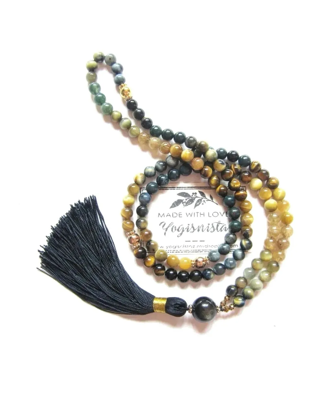 Yellow Honey, Golden Tiger Eye, Bloodstone in 108 Mala Necklace