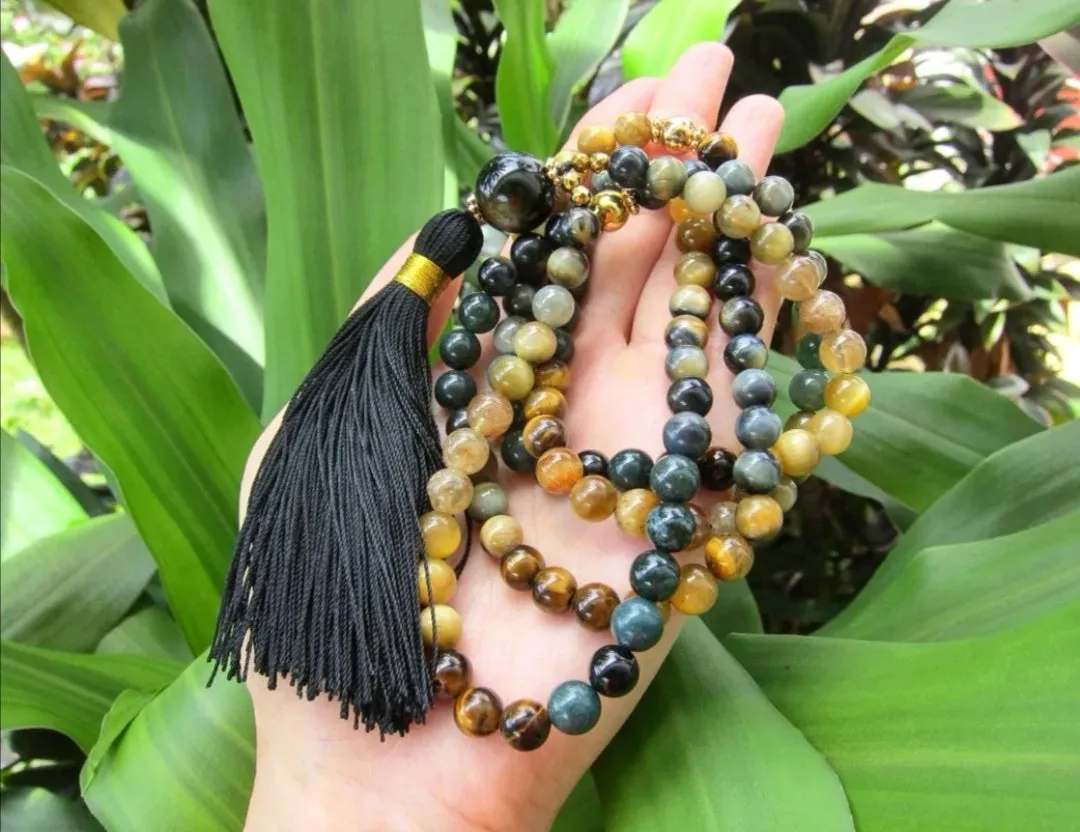 Yellow Honey, Golden Tiger Eye, Bloodstone in 108 Mala Necklace