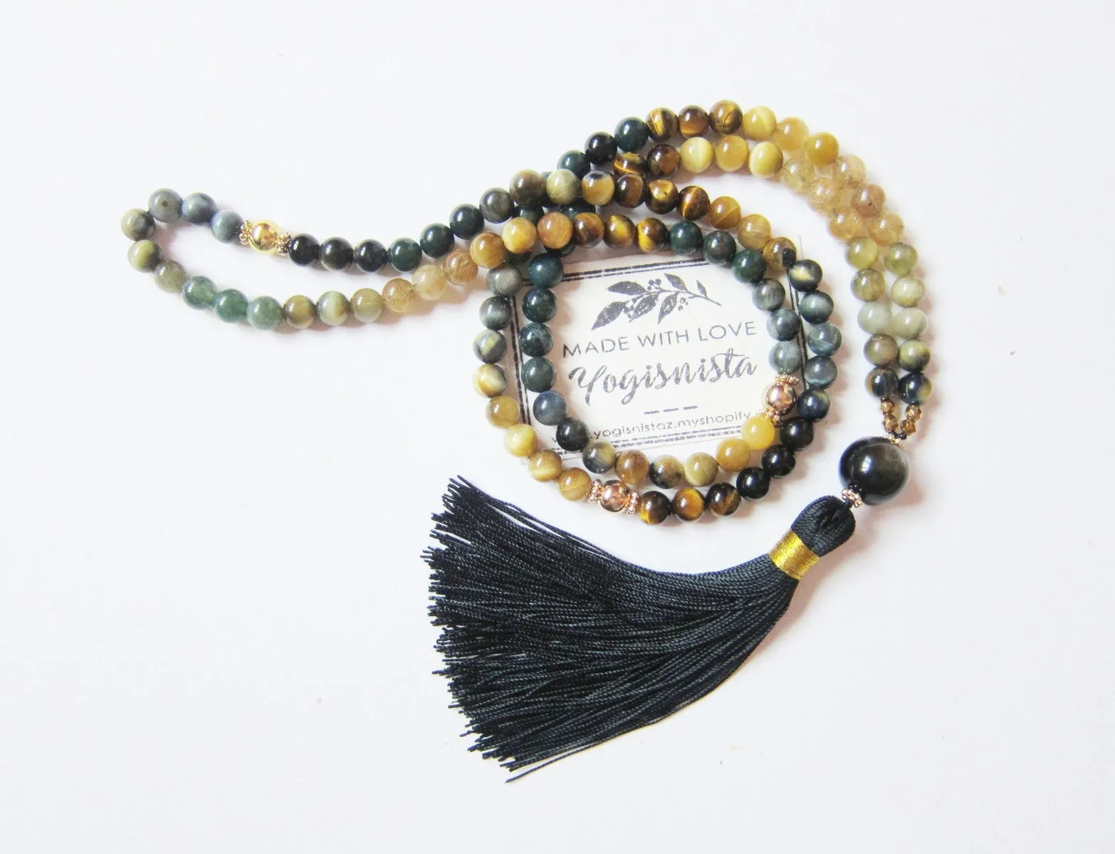 Yellow Honey, Golden Tiger Eye, Bloodstone in 108 Mala Necklace